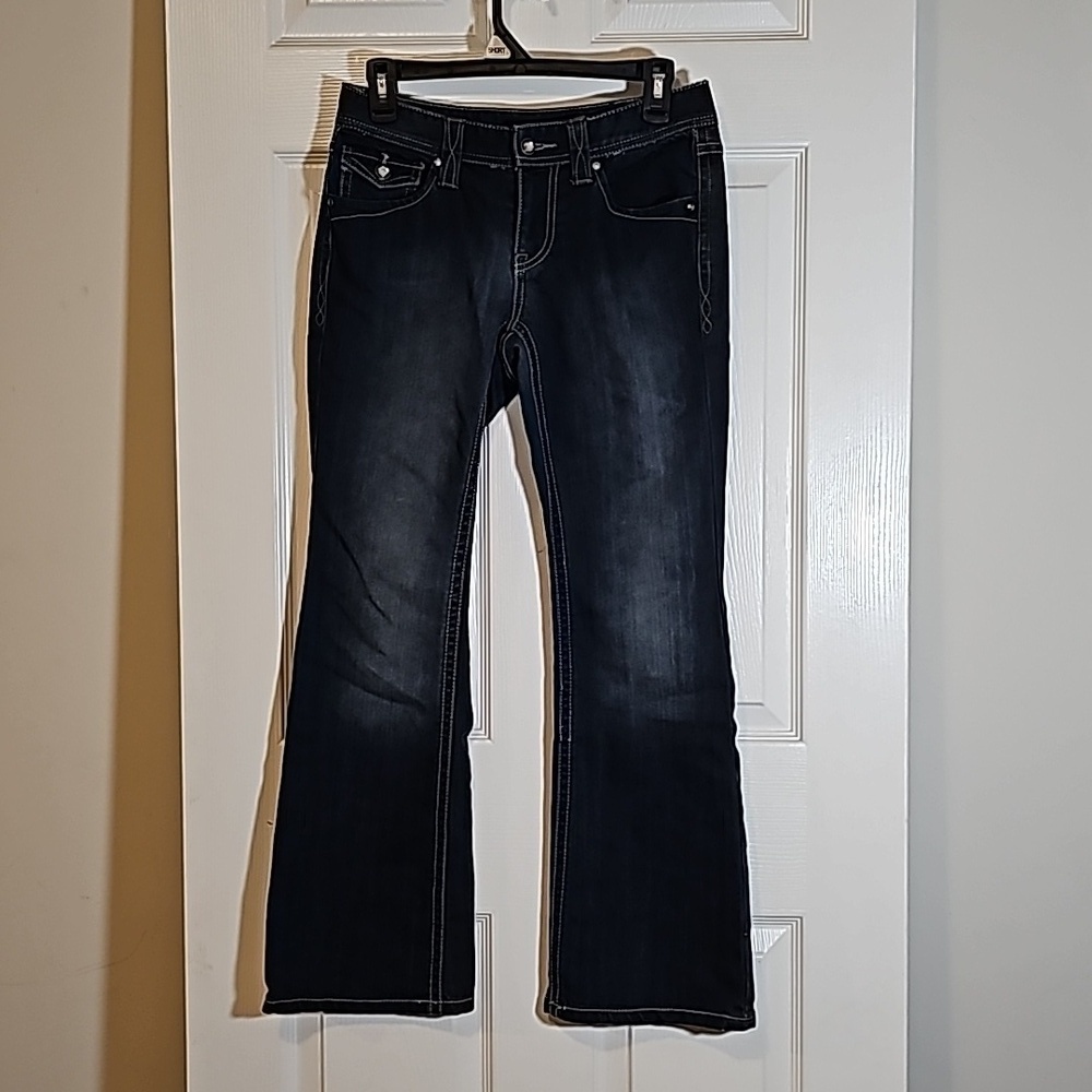 INC Denim Boot Leg Jeans Rhinestone Buttons Dark Wash Size 4P